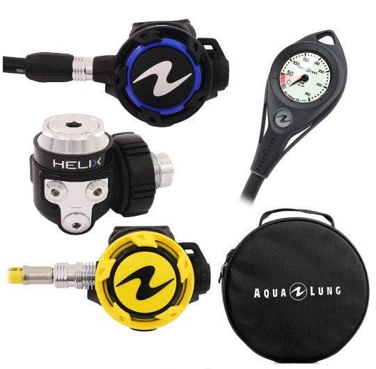Set of Aqualung Helix octopus, manometer, and carrying bag kit